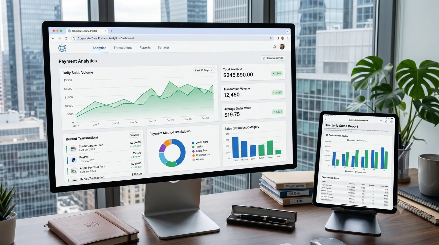 A payment analytics dashboard displayed on a desktop monitor and tablet