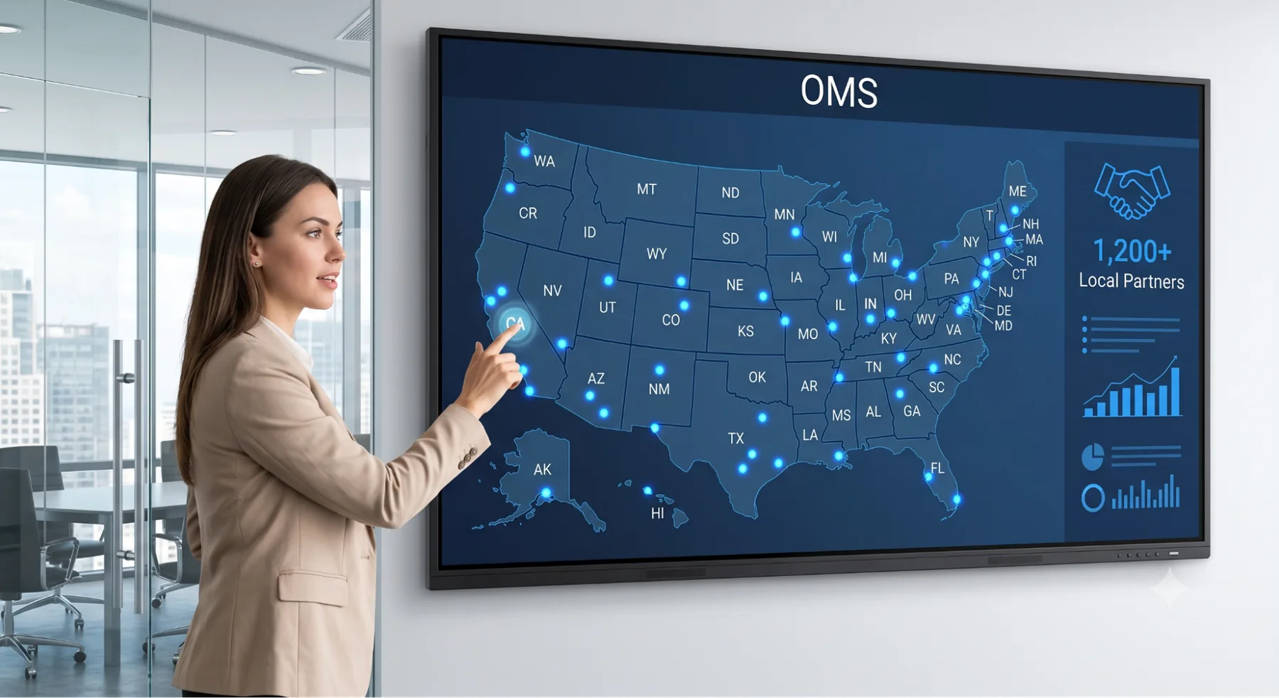 A specialist presenting a nationwide coverage map of Oracle Merchant Services partnerships