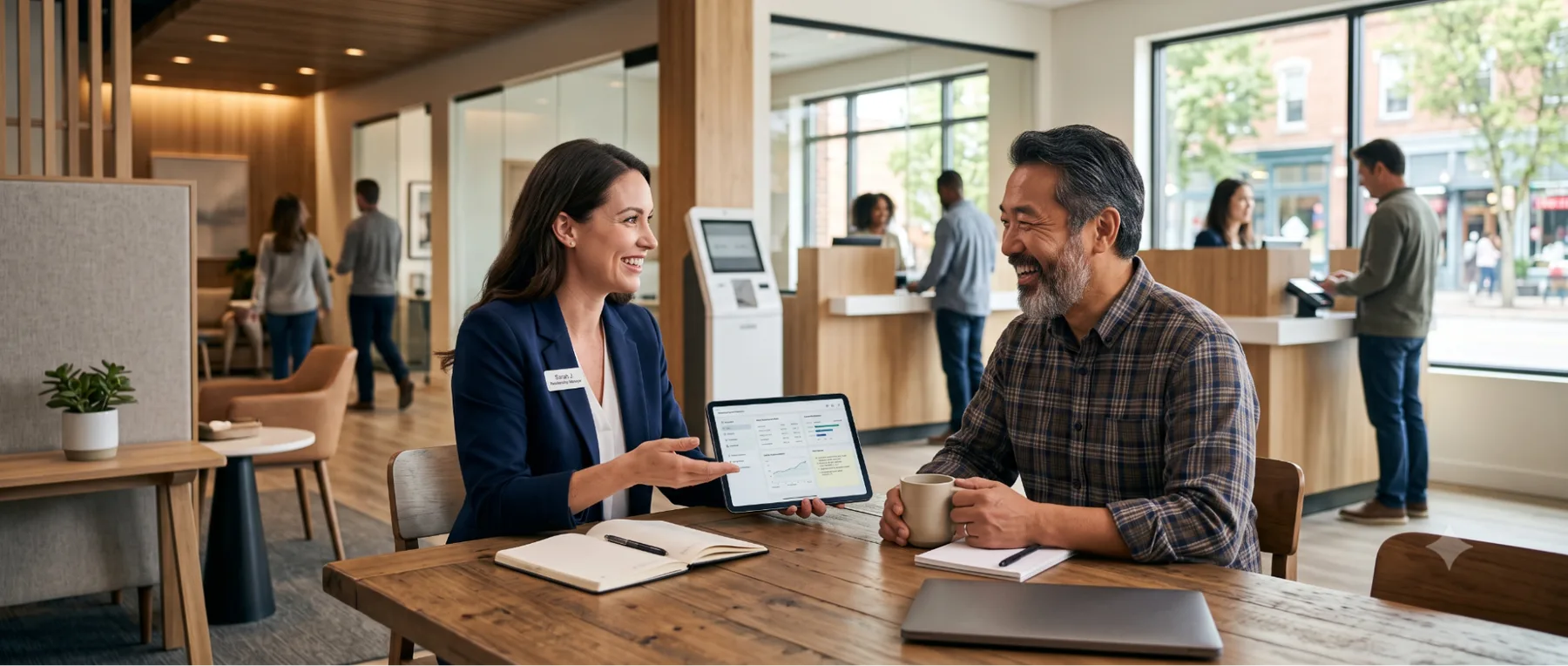 A banker meeting with local business owners inside a modern financial institution