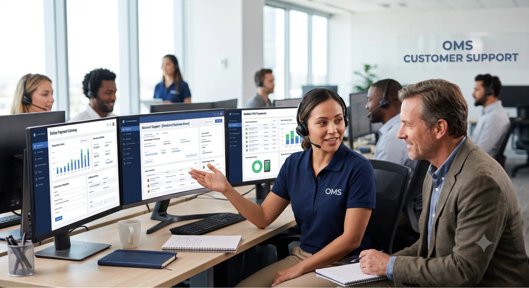 An OMS customer support specialist assisting a client at a workstation