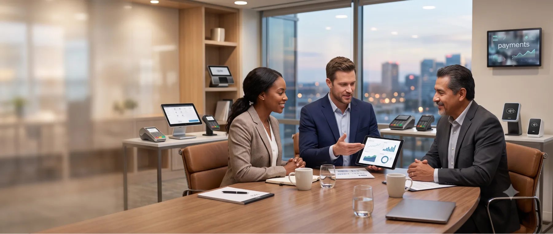 A specialist reviewing merchant services questions with a financial institution client