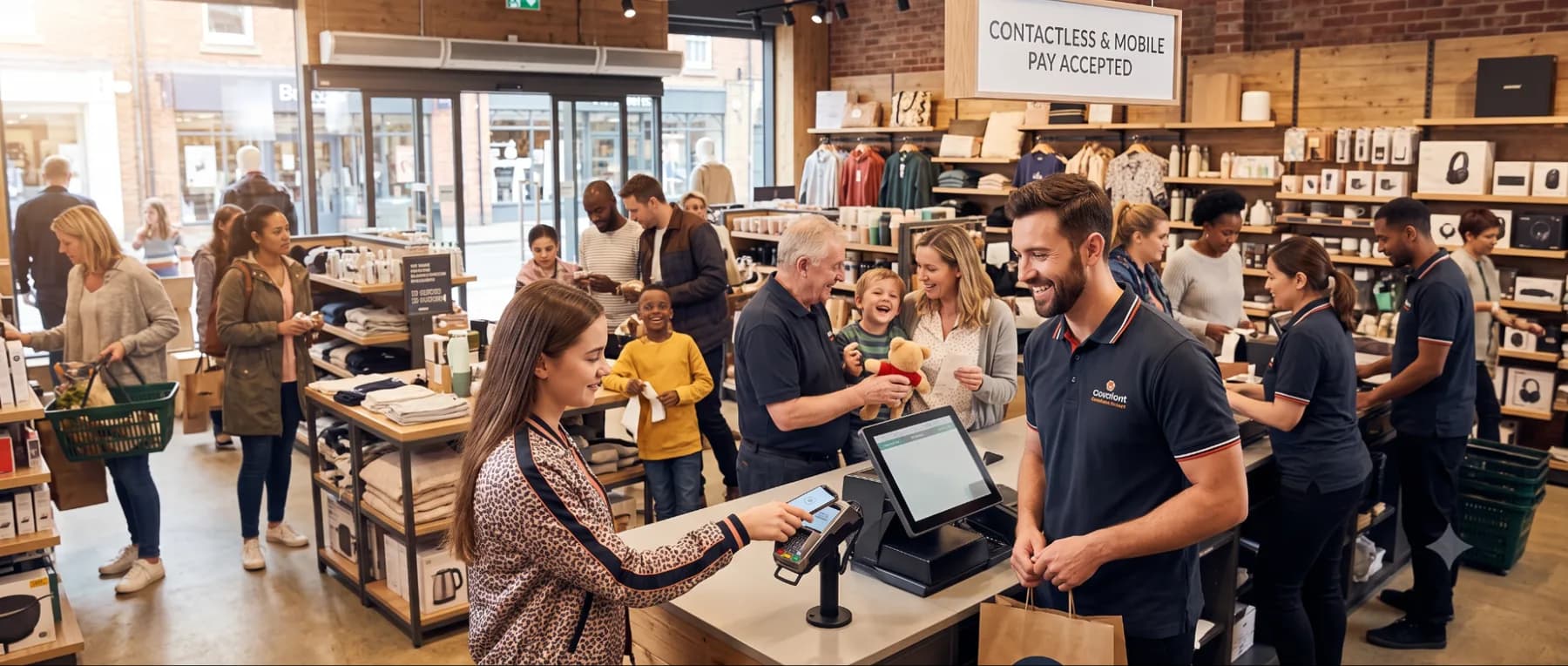 A business owner completing a payment at a modern retail checkout counter
