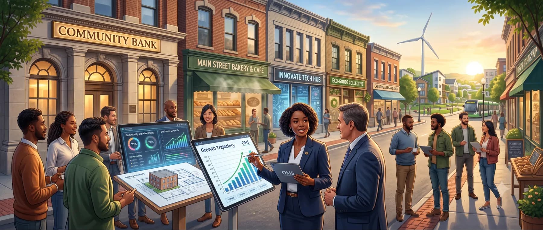 A vibrant local shopping district thriving with community businesses