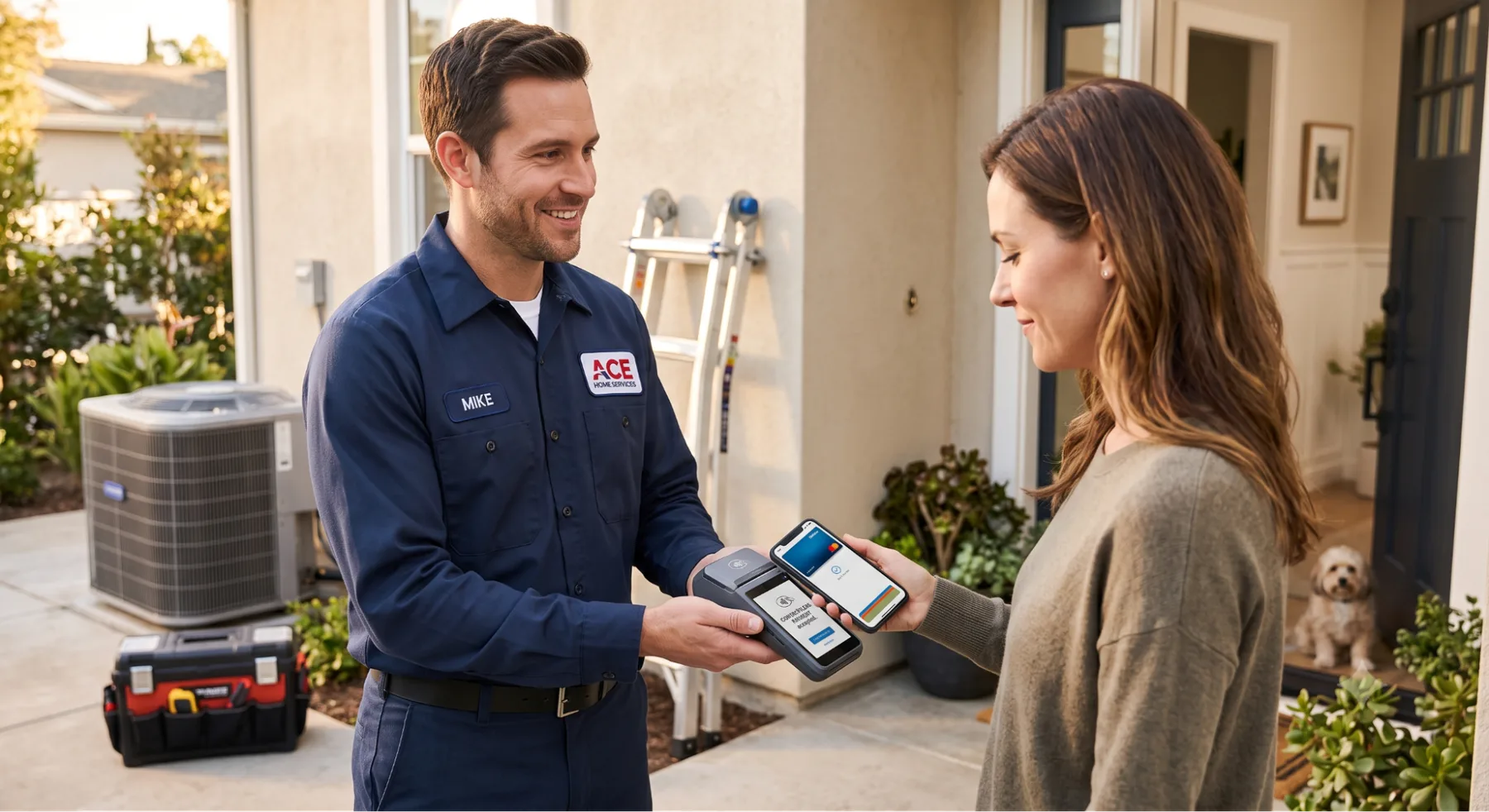 A field service professional accepting a mobile card payment from a customer