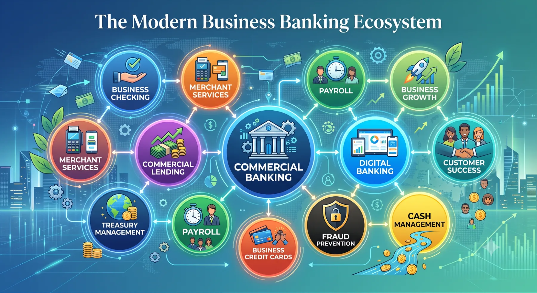 Infographic: the modern business banking ecosystem connecting merchant services, lending, treasury, and more