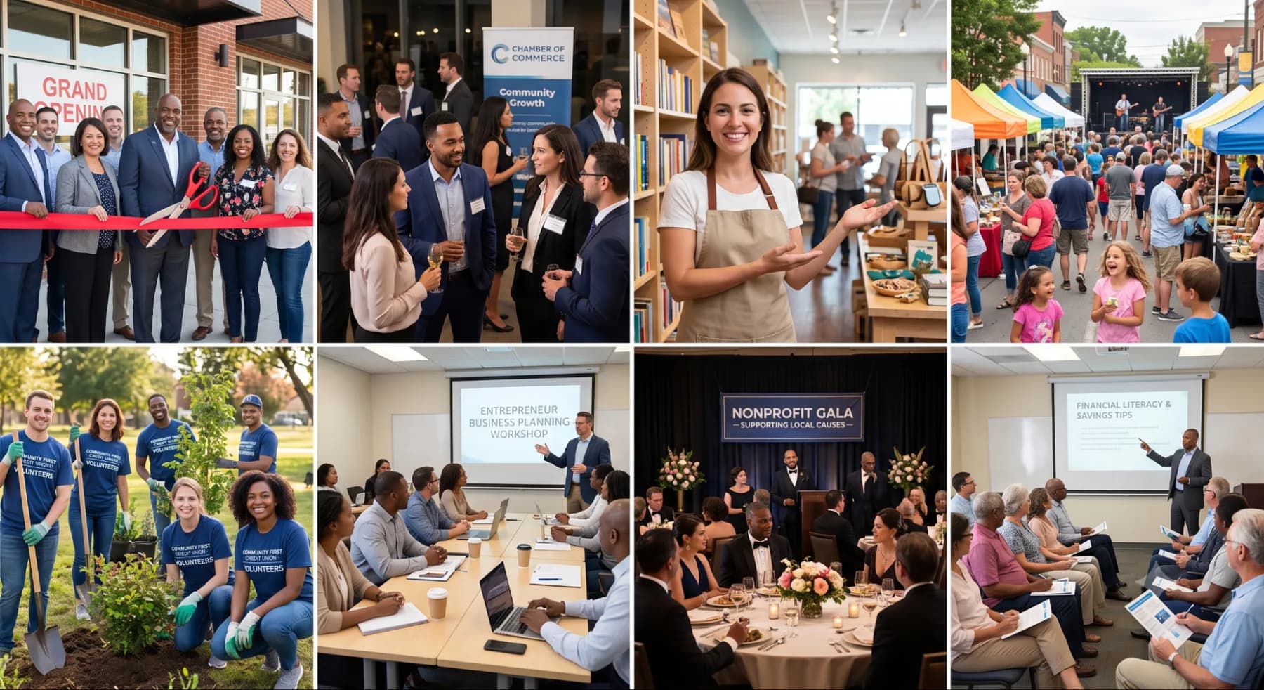 A collage of community events, ribbon cuttings, and nonprofit gatherings sponsored across America