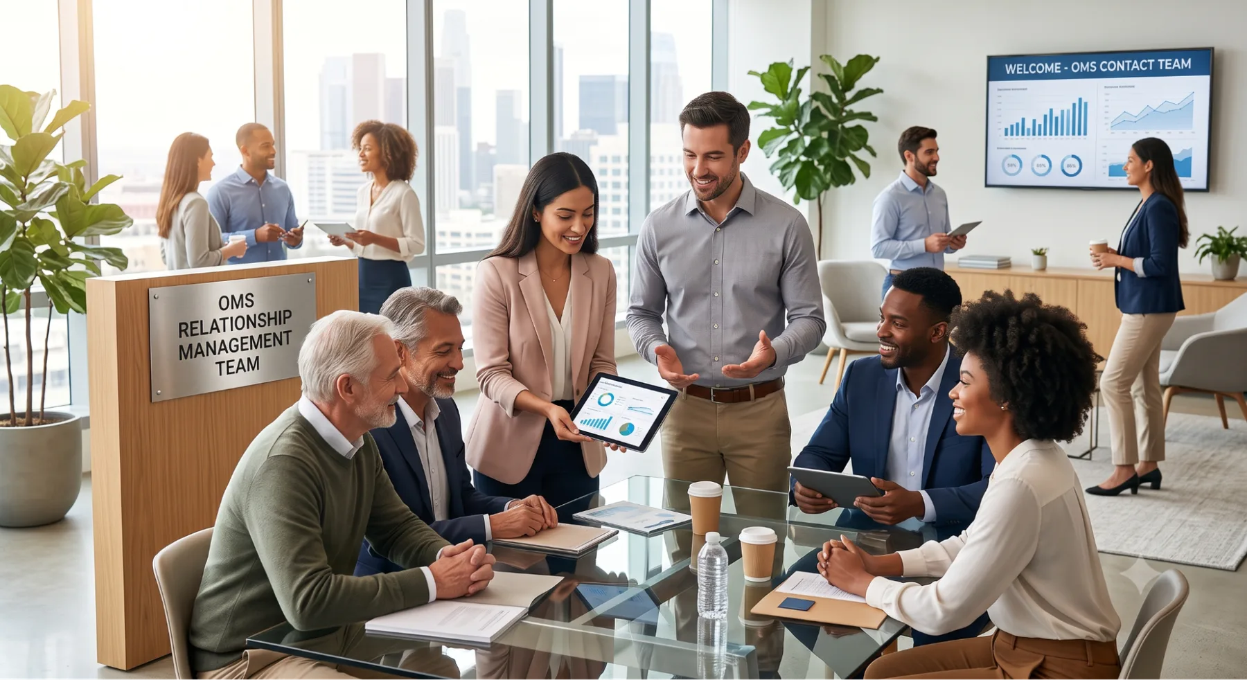 The OMS relationship management team welcoming clients at a reception desk