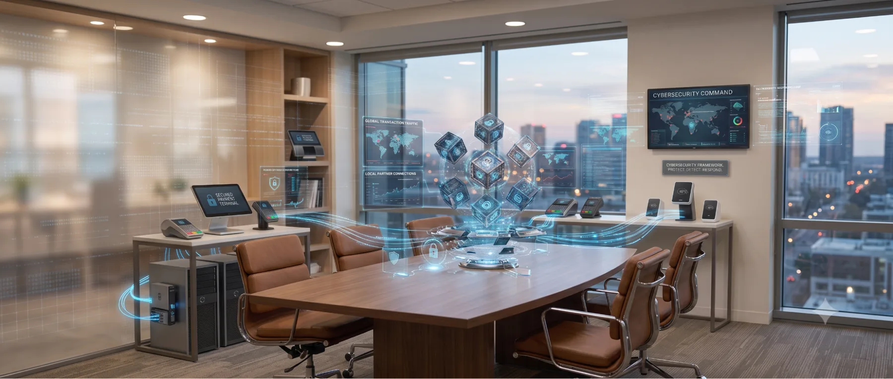 An empty modern boardroom with a city skyline, ready for a partnership consultation