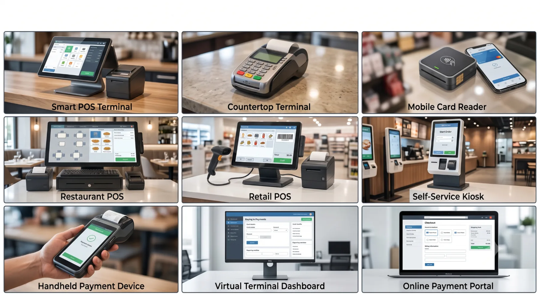 A range of OMS payment hardware: smart POS, countertop terminals, mobile readers, kiosks, and payment devices