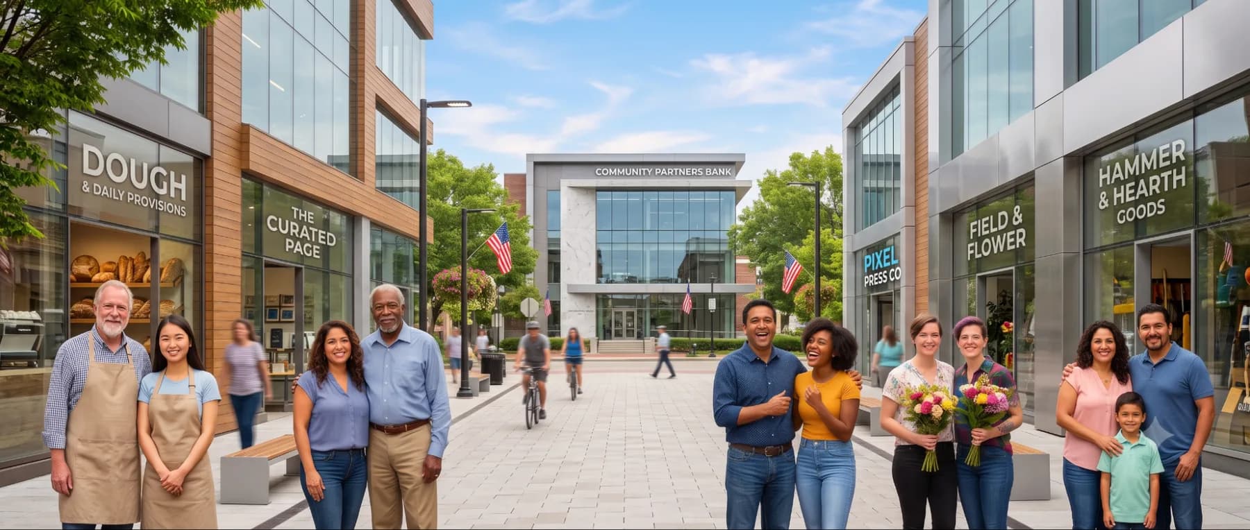 A modern downtown shopping district with local businesses and shoppers