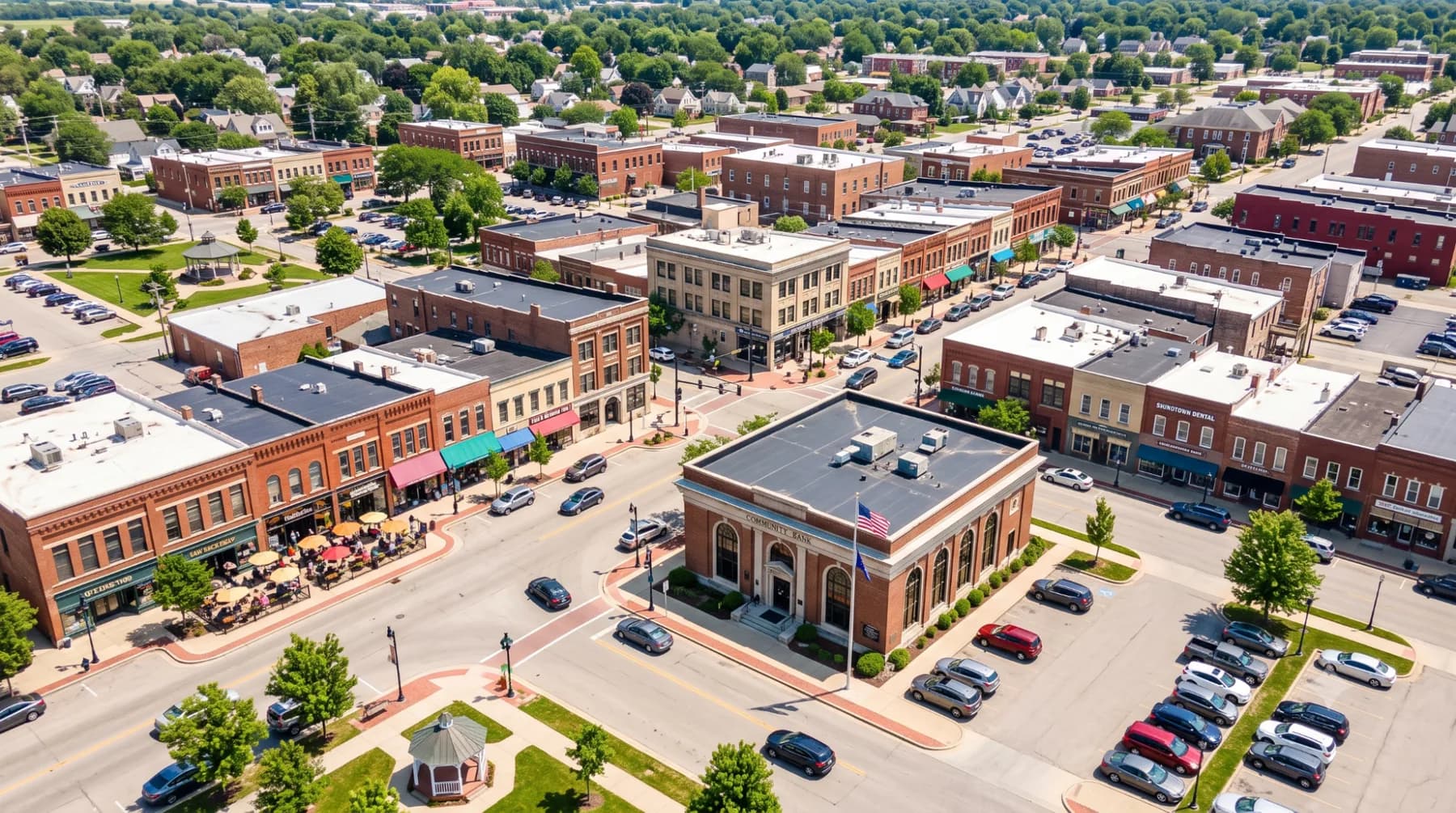 Aerial view of a thriving American small town main street served by community financial institutions