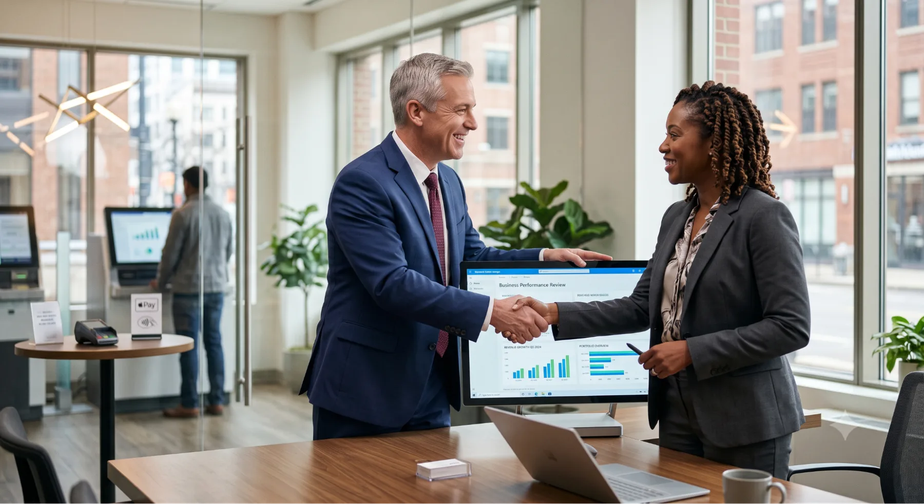 A banker and a business client shaking hands during a commercial banking meeting