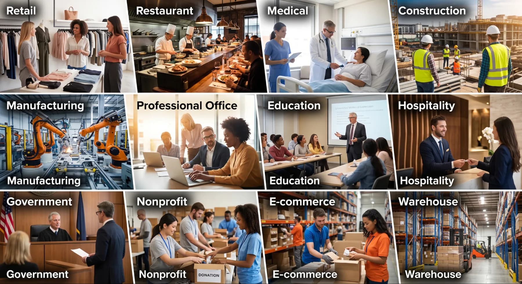 Grid of industries served including retail, restaurant, medical, construction, manufacturing, nonprofit, hospitality, and eCommerce